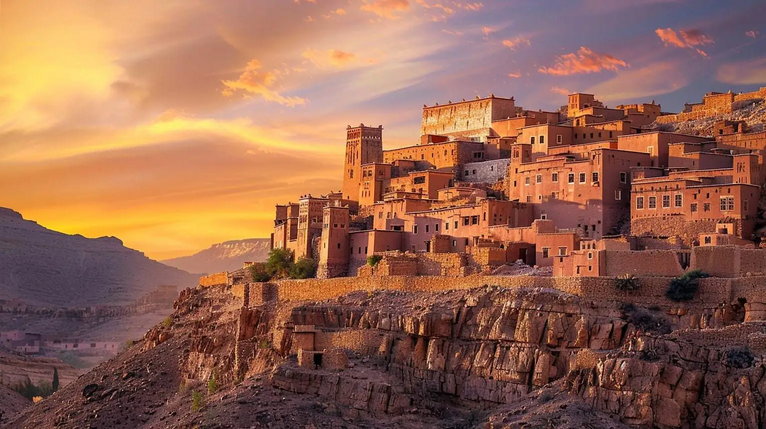 The earthen kasbahs of the Aït Ben Haddou ksar glowing at sunset