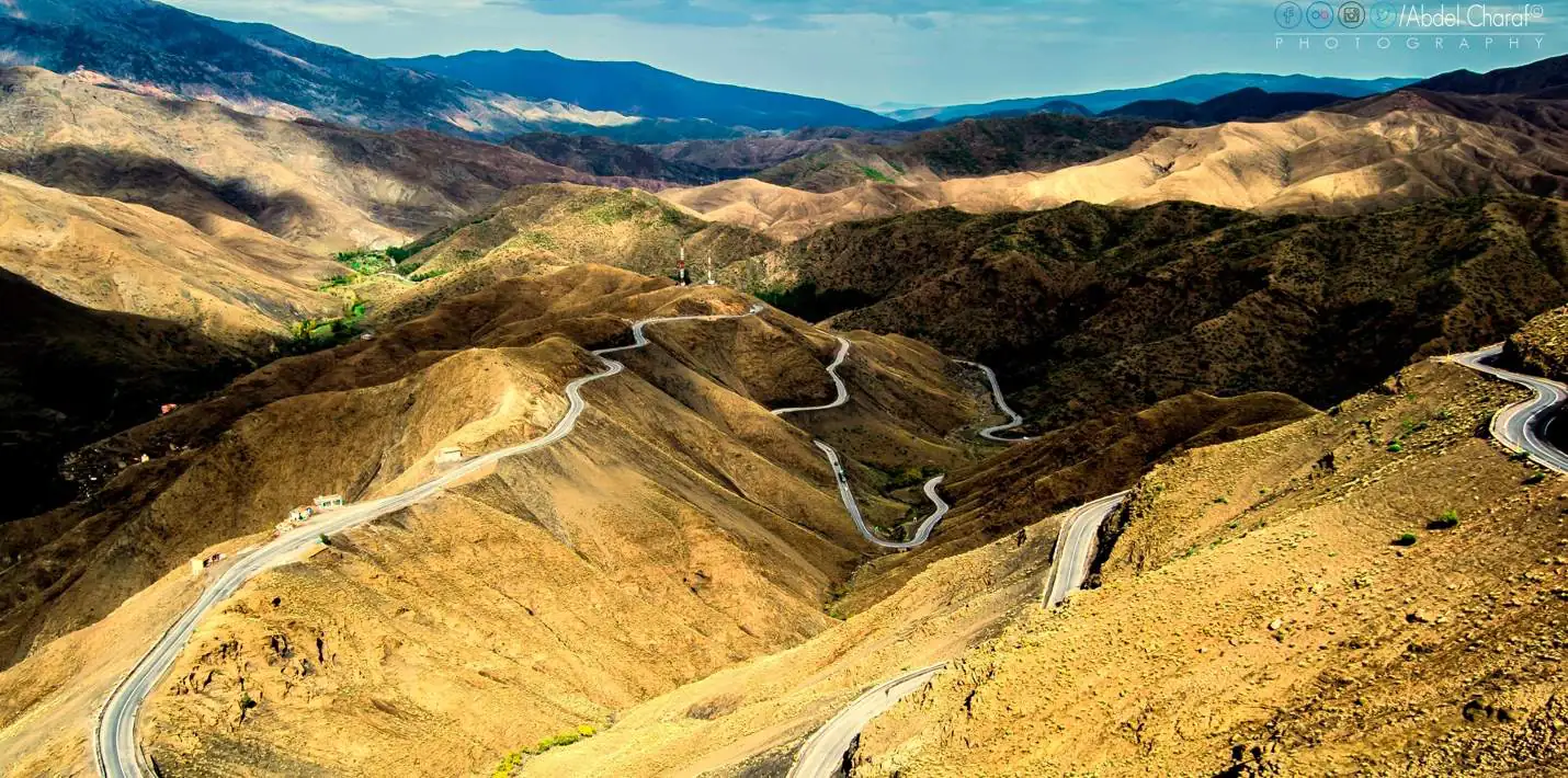 The winding road over the Tizi n’Tichka pass in the High Atlas