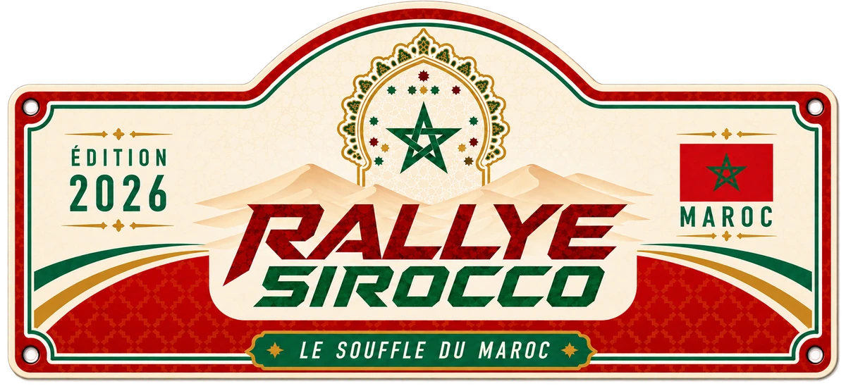 Plaque officielle du Rallye Sirocco 2026 — Le Souffle du Maroc