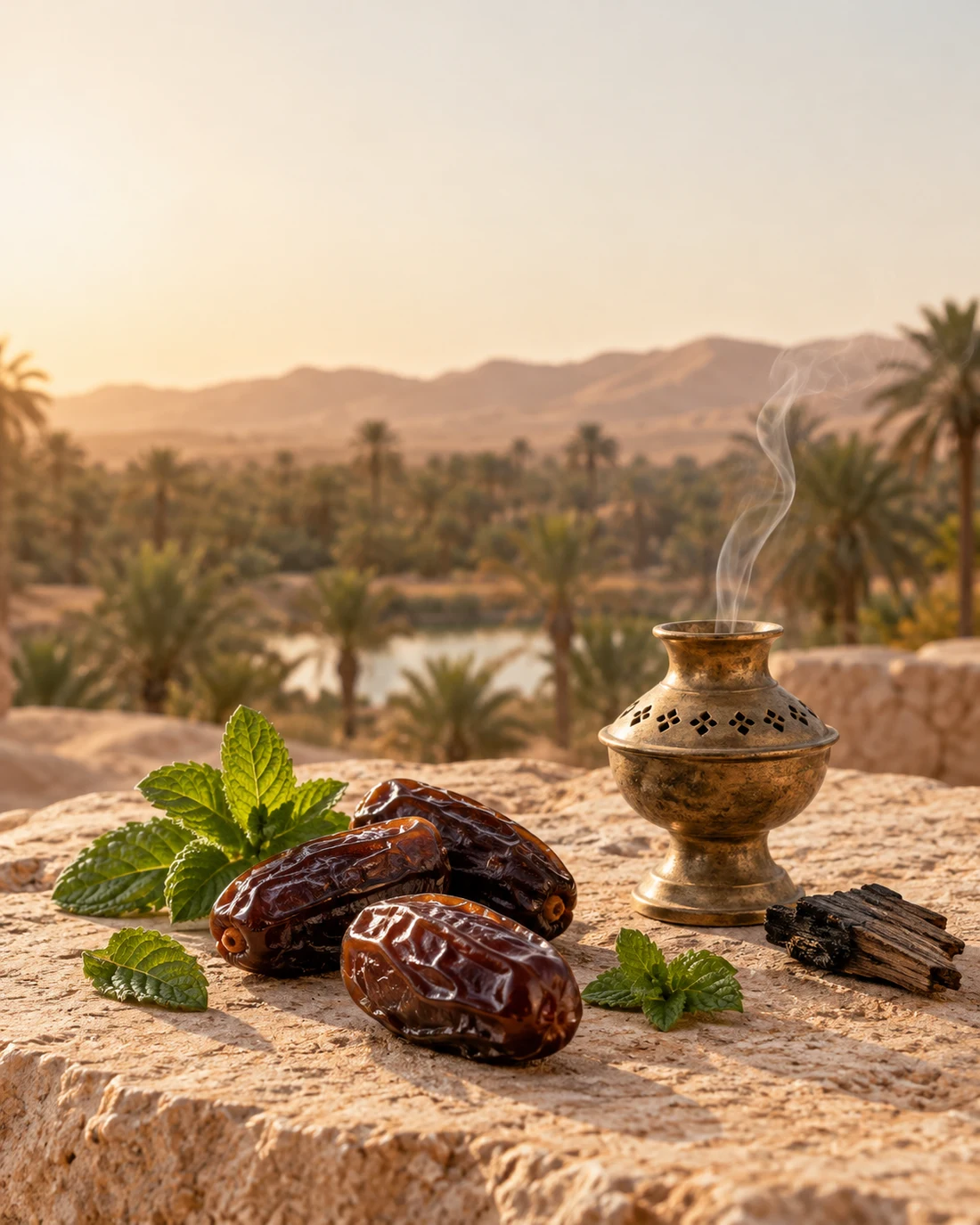 Dattes, menthe et brûle-encens dans un décor d’oasis