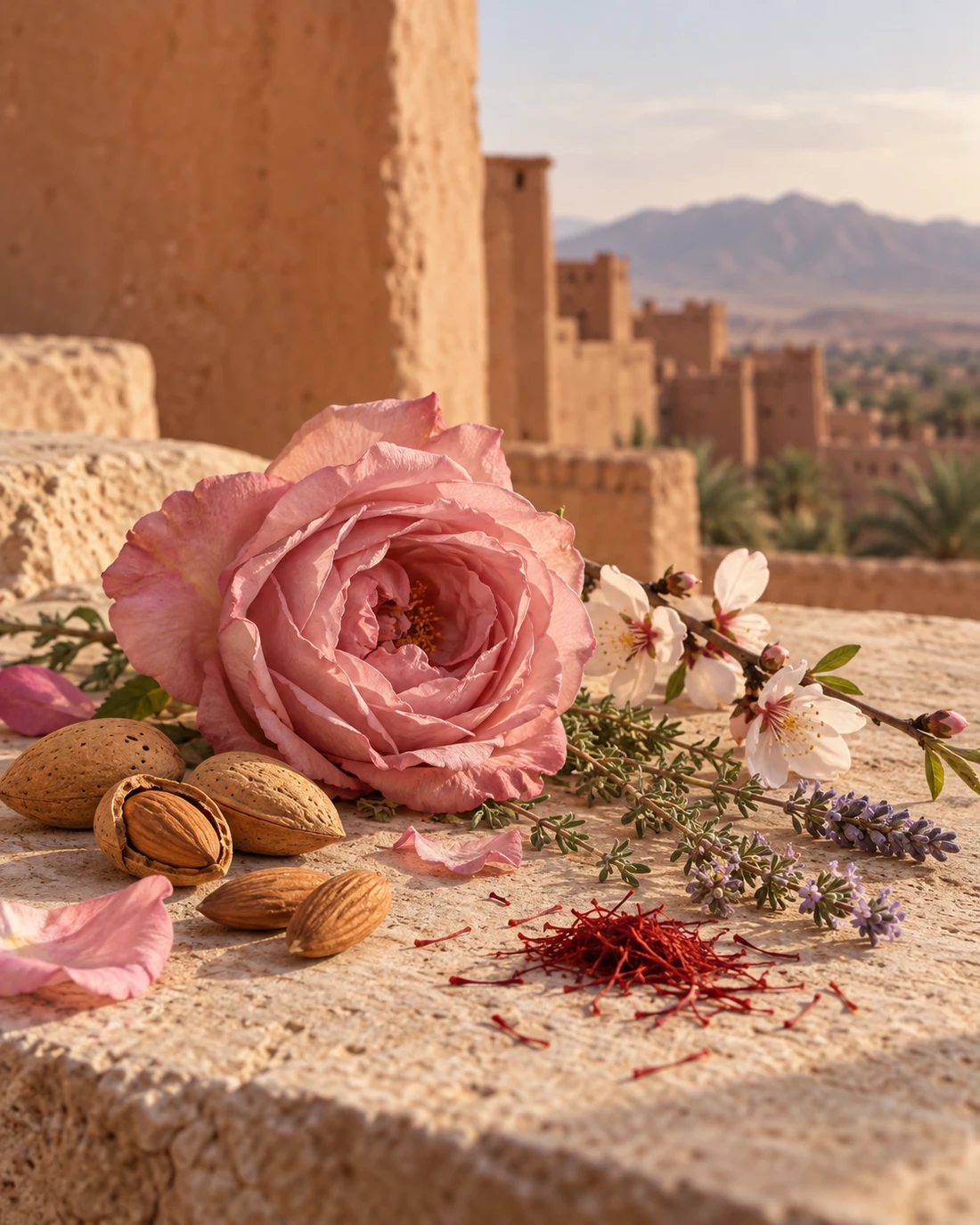 Rose, amandes et safran près d’une kasbah marocaine