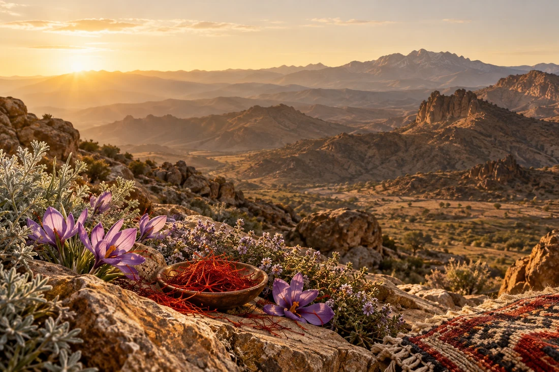 Paysage de montagne avec safran et plantes aromatiques